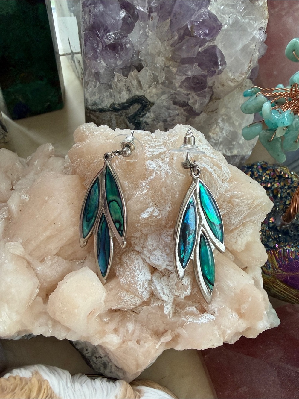 Abalone Leaf Drop Dangle Earrings - Green Blue